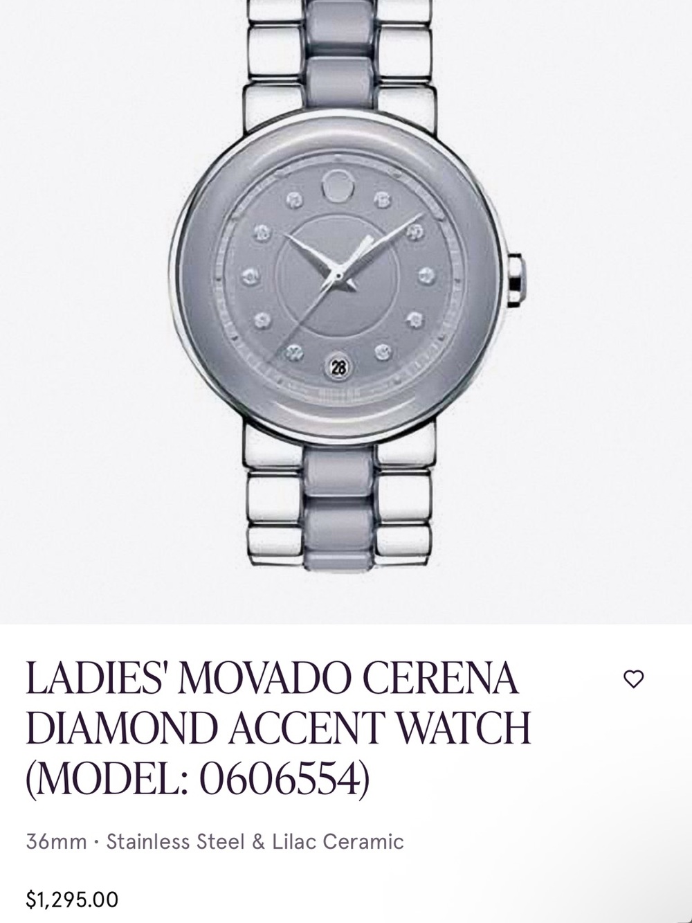 Movado Ladies Silver and Lilac Ceramic Diamond Accent Watch